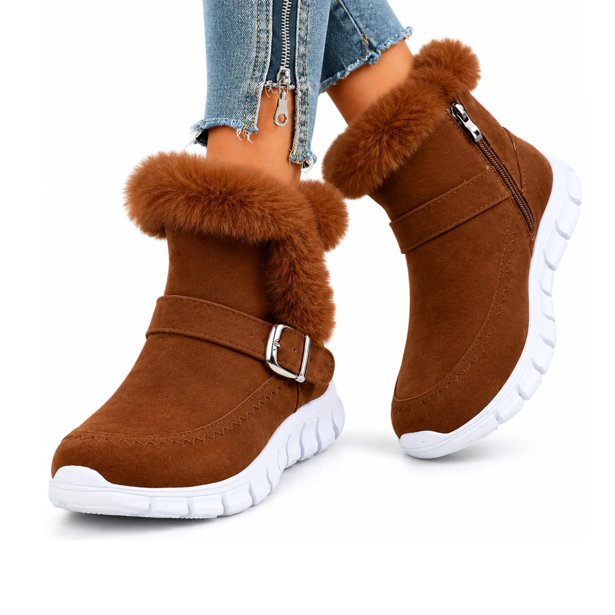 imagem de pes calcados com bota feminina de camurca com pelos e ziper marrom