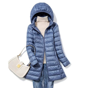 Casaco feminino puffer longo azul com capuz para inverno