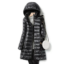 Casaco feminino puffer longo preto com capuz para inverno