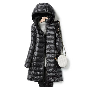 Casaco feminino puffer longo preto com capuz para inverno
