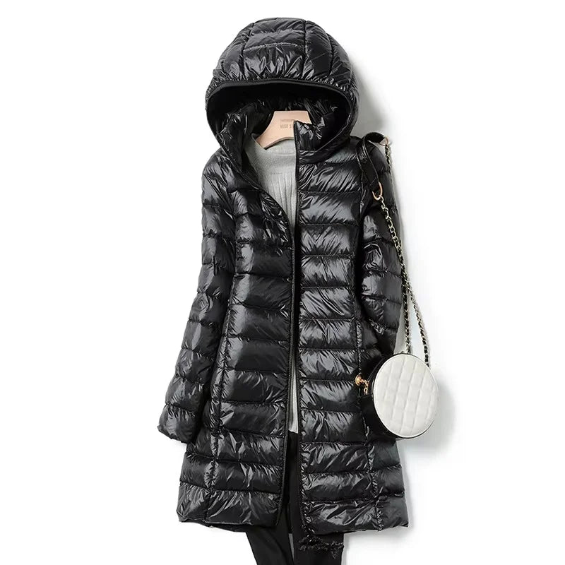 Casaco feminino puffer longo preto com capuz para inverno
