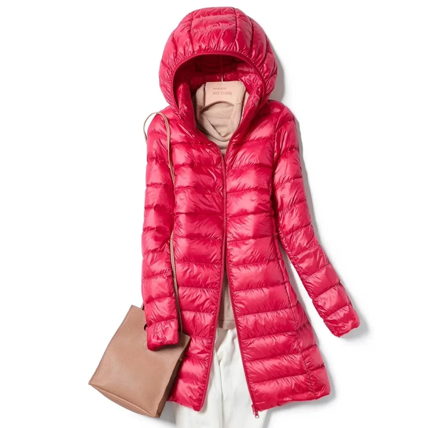 Casaco feminino puffer longo vermelho com capuz para inverno