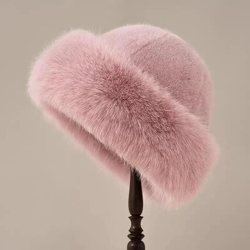 Chapéu feminino peluciado pink estilo bucket hat para inverno