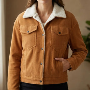 Jaqueta Trucker Feminina de Veludo Cotelê com Forro Sherpa Caramelo - Estilo Clássico para o Inverno