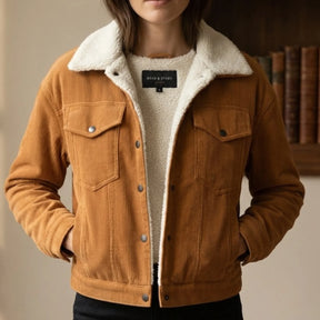 Jaqueta Trucker Feminina de Veludo Cotelê com Forro Sherpa Caramelo - Estilo Clássico para o Inverno