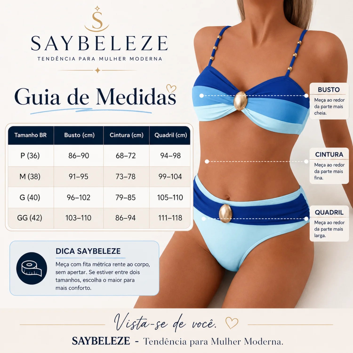 Biquíni Feminino Bicolor Azul com Aplique Dourado e Alças Decoradas