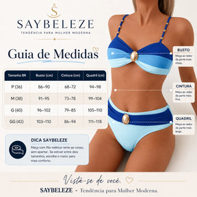 Biquíni Feminino Bicolor Azul com Aplique Dourado e Alças Decoradas