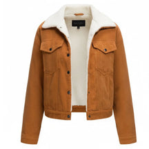 Jaqueta Trucker Feminina de Veludo Cotelê com Forro Sherpa Caramelo - Estilo Clássico para o Inverno