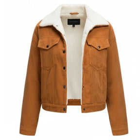 Jaqueta Trucker Feminina de Veludo Cotelê com Forro Sherpa Caramelo - Estilo Clássico para o Inverno