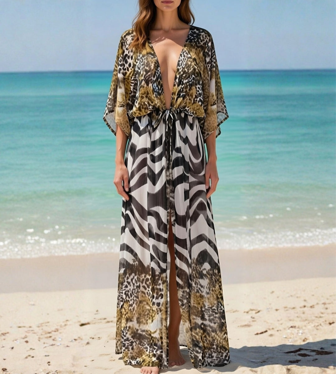 Kimono de praia feminino longo com amarração frontal
