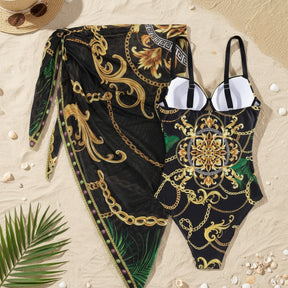 Look Praia Feminino parte de tras maio feminino preto estampado com saida de praia pareo