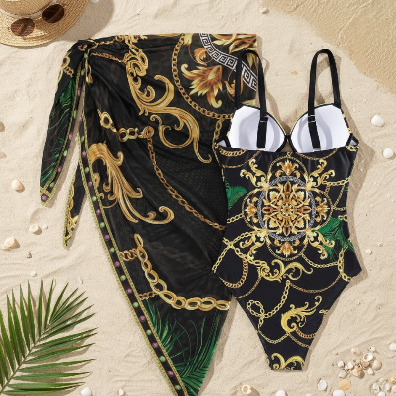 Look Praia Feminino parte de tras maio feminino preto estampado com saida de praia pareo