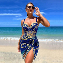 maiô luxo mediterrâneo azul royal com estampa dourada e pareô
