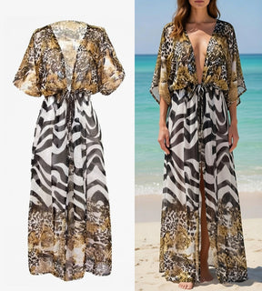 Saída de praia feminina com estampa safari e mangas amplas
