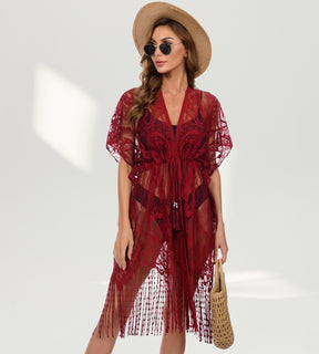 Saída de praia renda vermelha elegante