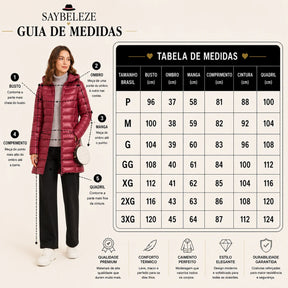 Tabela de medidas do casaco feminino puffer longo com capuz nos tamanhos P ao 3XG