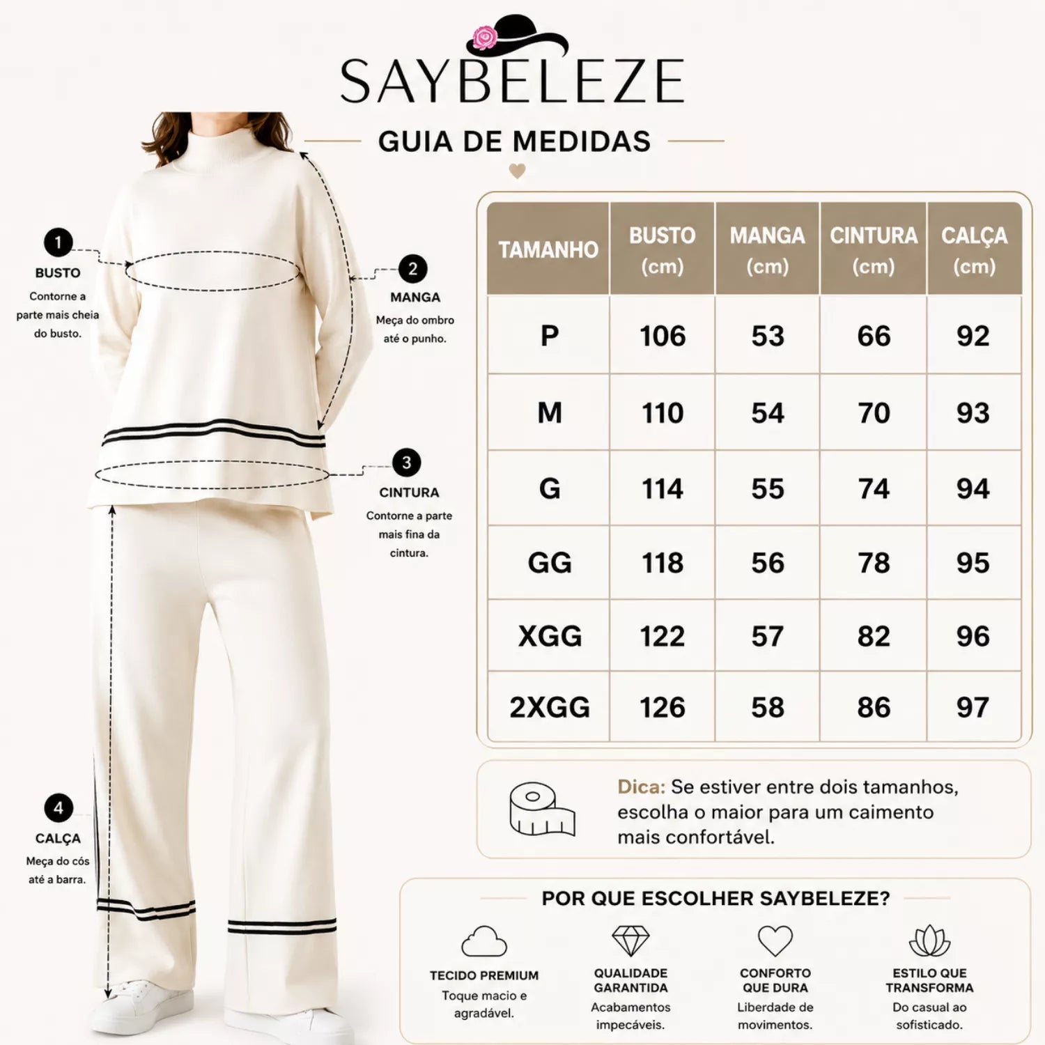 tabela de medidas Tabel de medidas Conjunto Feminino Moletom Tricô Minimal Elegance