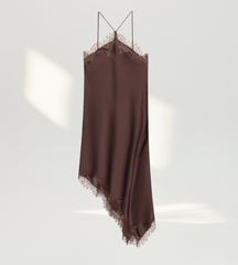 Vestido Midi Cannes acetinado com Renda marrom brading