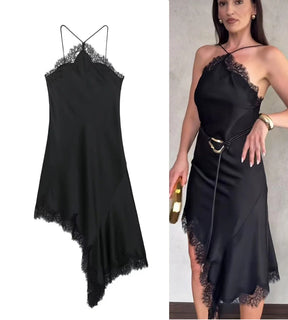 Vestido Midi Cannes preto acetinado com Renda modelo usando look brading