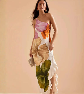 vestido feminino midi floral assimetrico frente