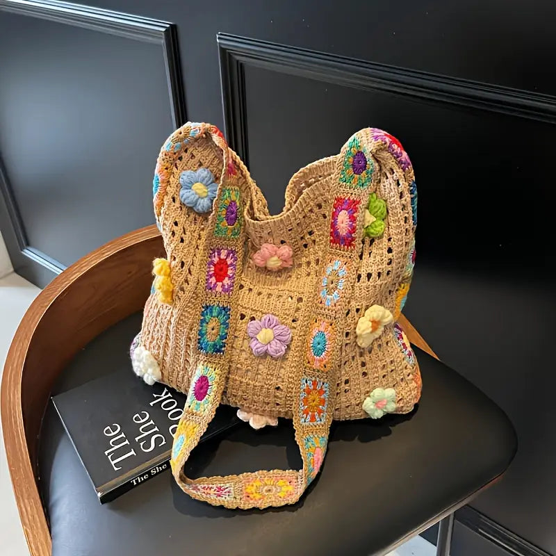 bolsa bohemian retro crochê branca com flores coloridas
