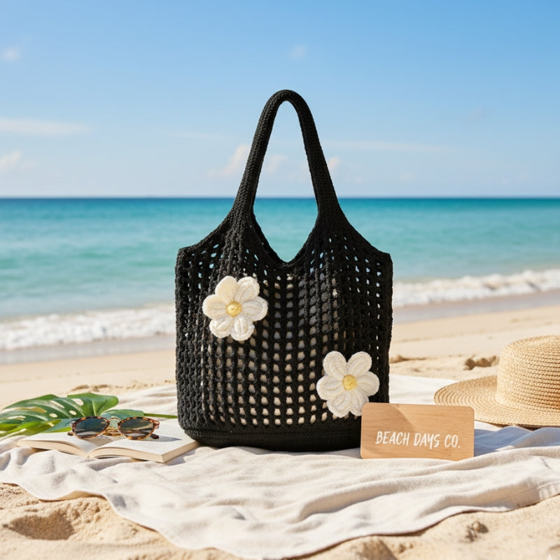 bolsa feminina croche vazada com flores 3D cor preto