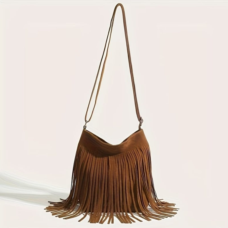 Bolsa transversal de franjas em suede marrom com alca regulavel modelo Sevilha Boho
