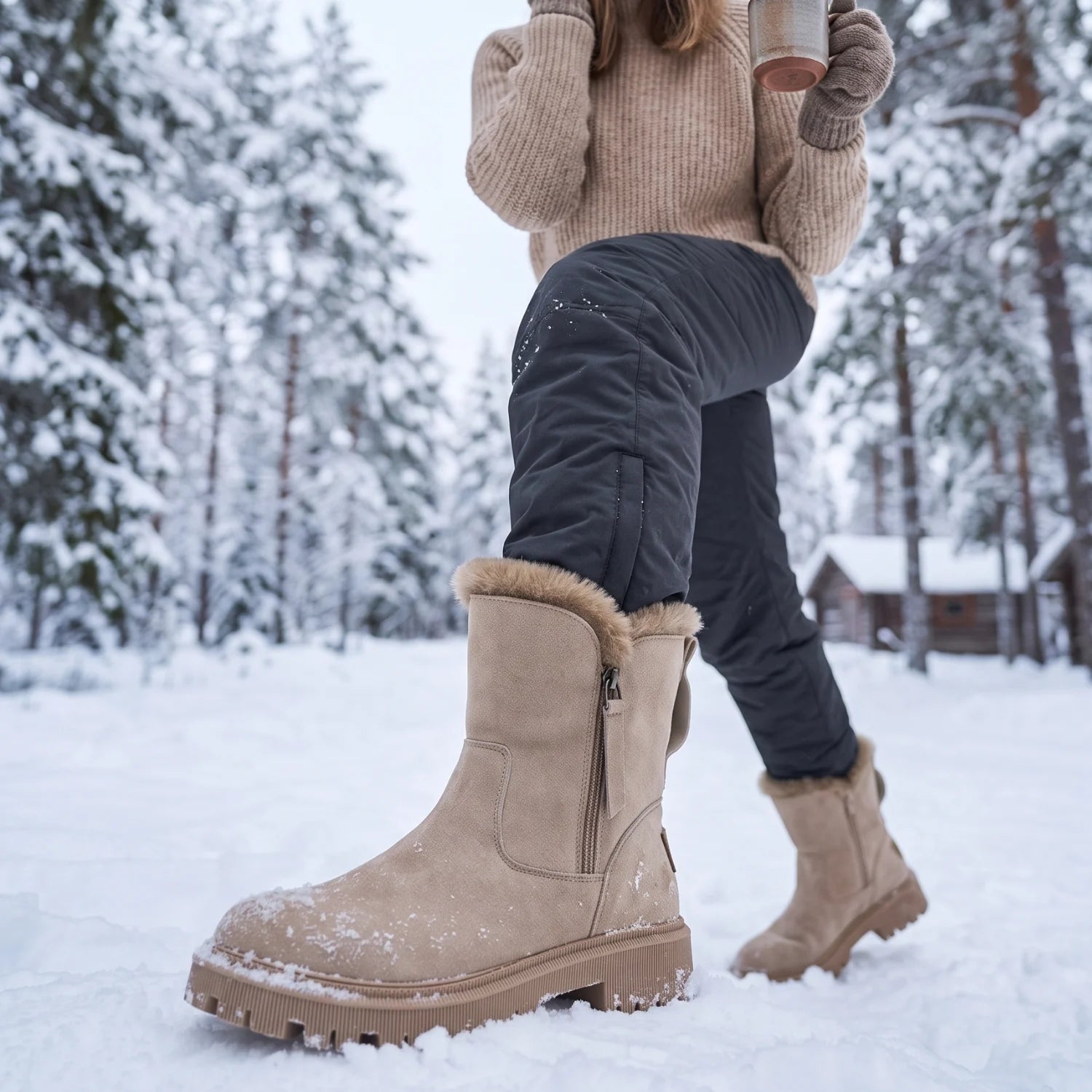 Mulher usando bota de neve feminina em camurça forrada com pelúcia e plataforma antiderrapante