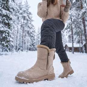 Mulher usando bota de neve feminina em camurça forrada com pelúcia e plataforma antiderrapante