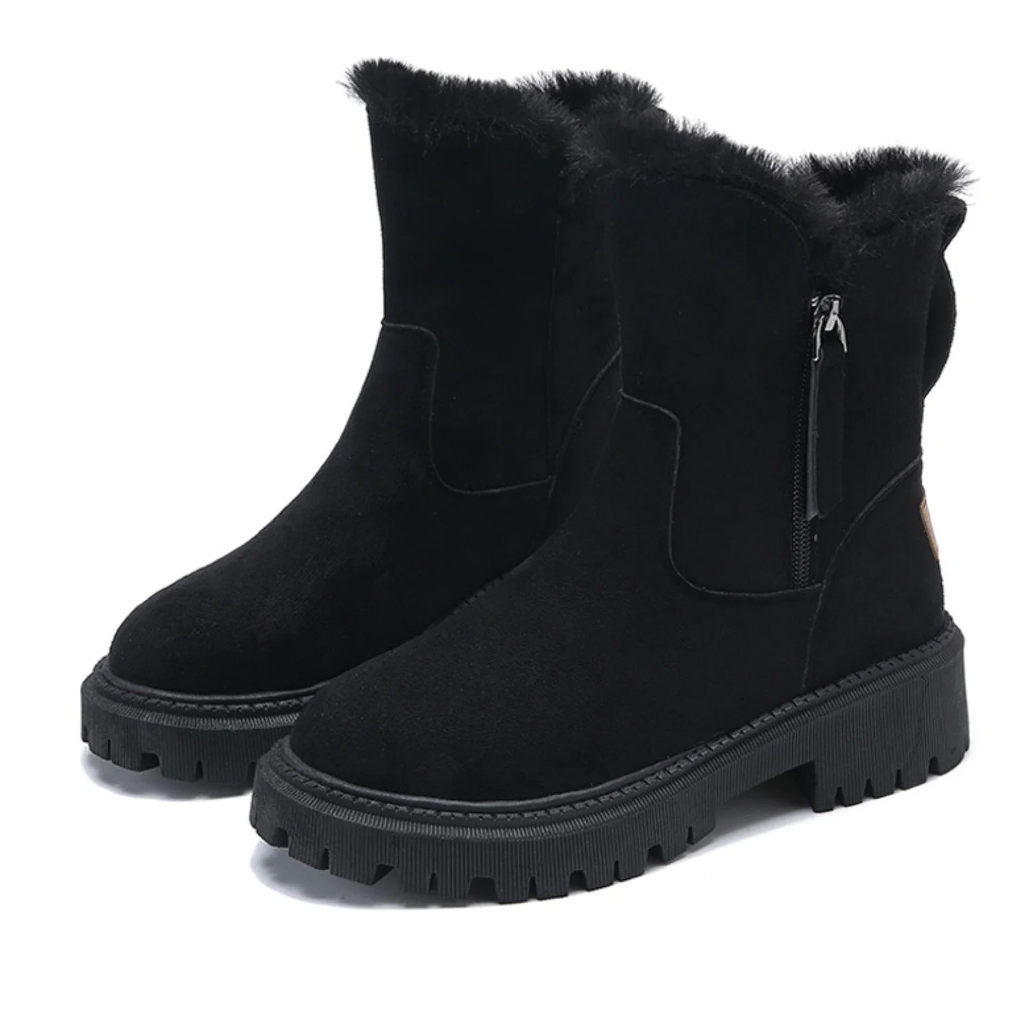vista com par de botas femininas de inverno nas cores bege e preta
