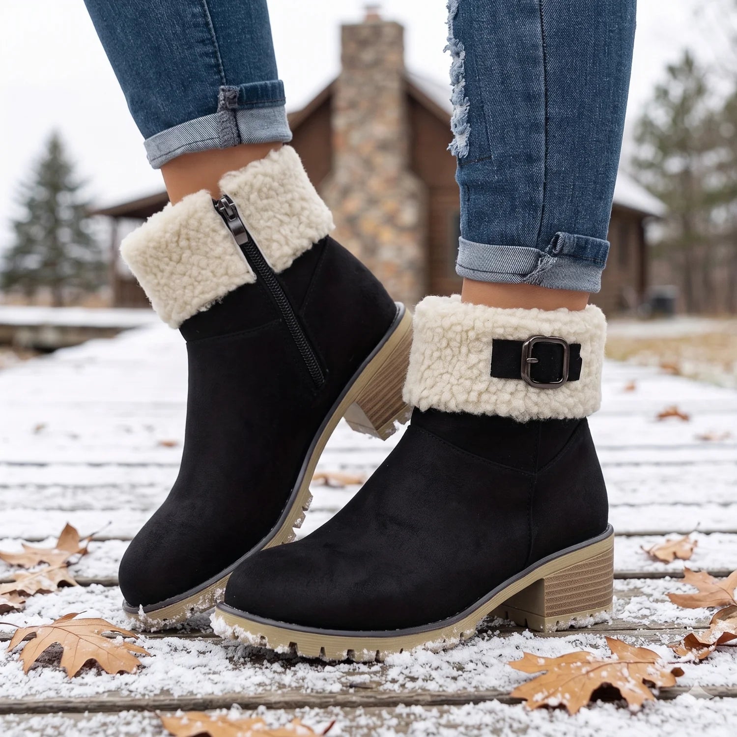Bota feminina preta para inverno com forro peluciado, cano curto e sola tratorada em ambiente com neve.
