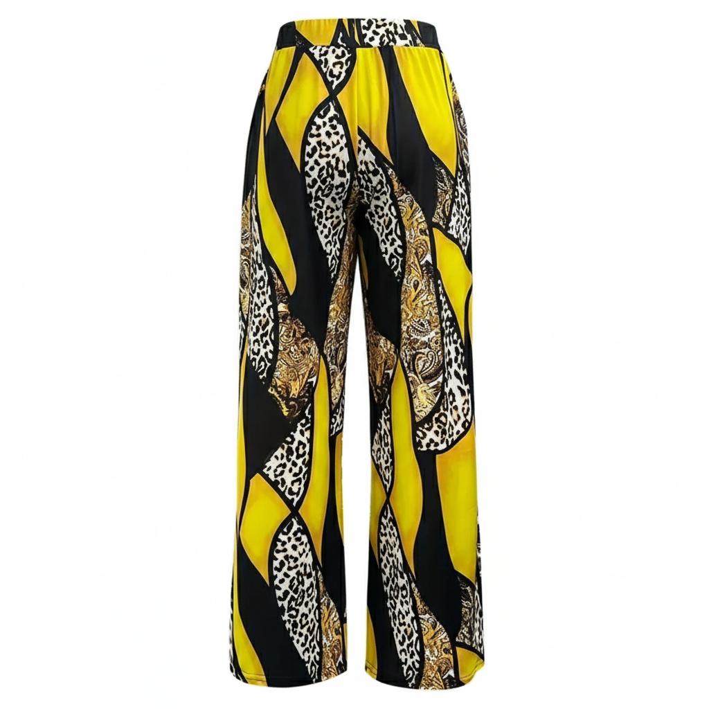 cropped amarelo e calca pantalona estampada isolado em fundo