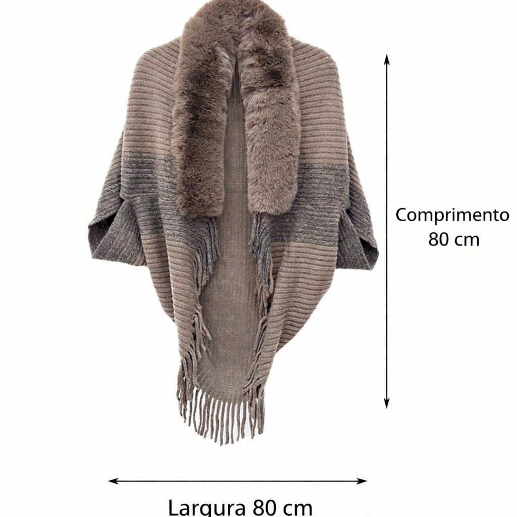 vista frontas com medidas do poncho feminino mostrando movimento fluido e modelagem confortável