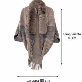 vista frontas com medidas do poncho feminino mostrando movimento fluido e modelagem confortável