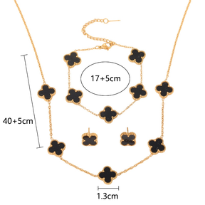 Conjunto de 3 peças Trevo de Quatro Folhas da Sorte em aço inoxidável banhado a ouro 18K
