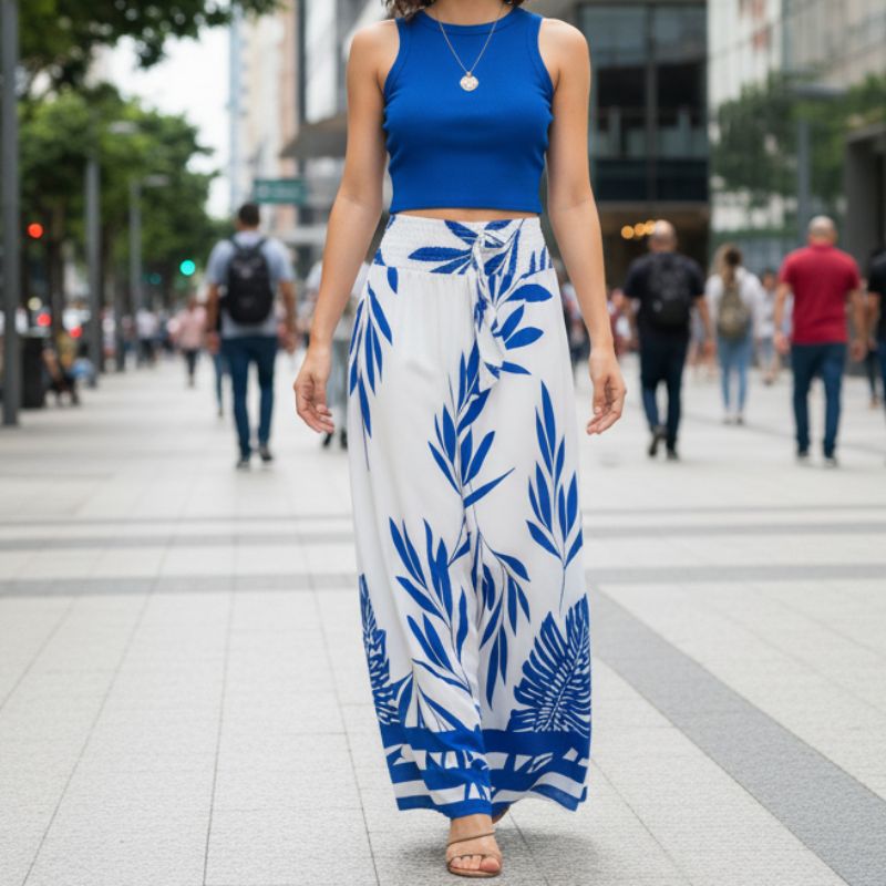 Modelo usando conjunto feminino azul estampado em ambiente urbano.