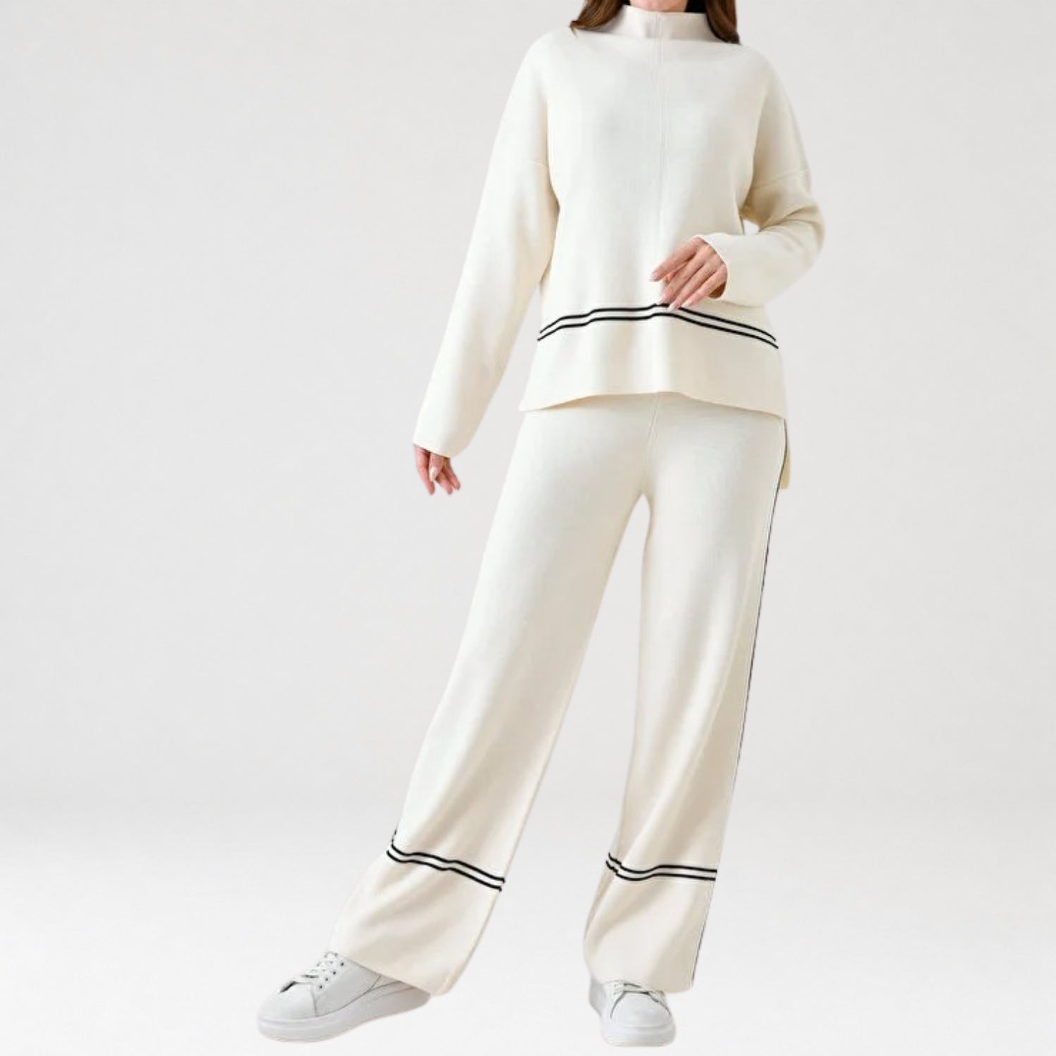 conjunto feminino em malha premium com listras contrastantes e estilo minimalista elegante