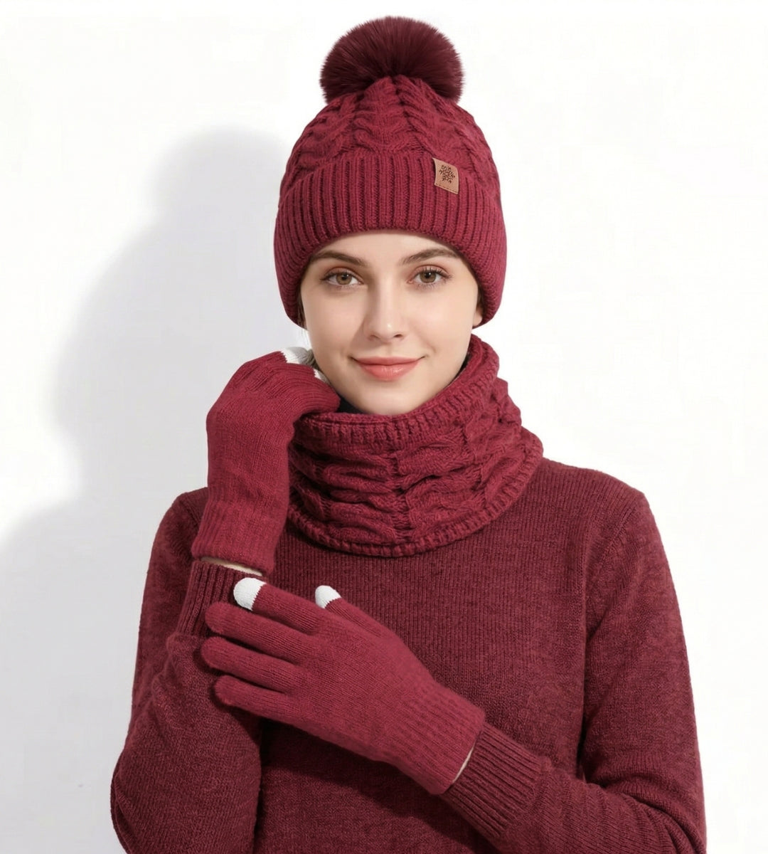 conjunto térmico feminino vermelho com gorro cachecol e luvas sofisticadas