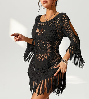 cover up feminino crochê com fenda preto lado e detalhes