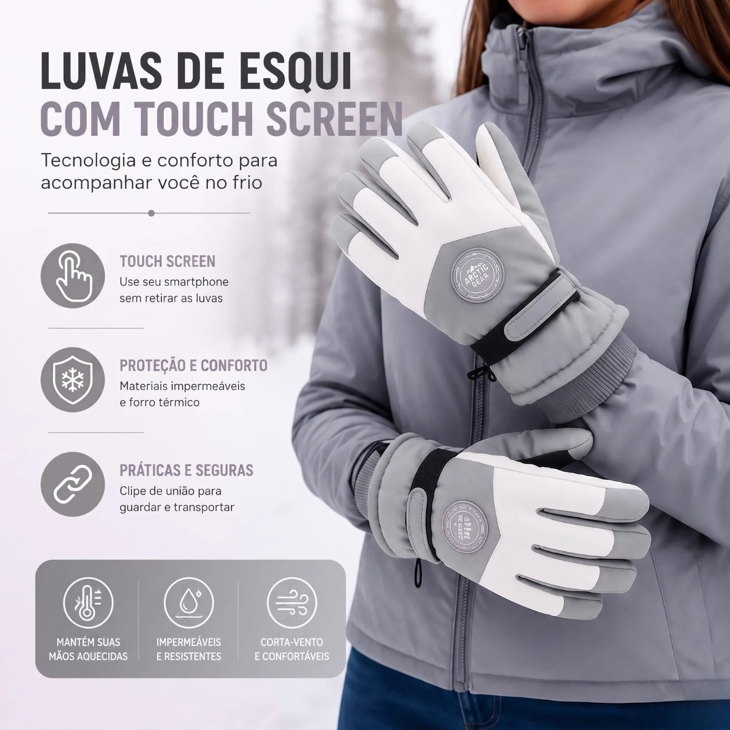 Detalhe do forro térmico acolchoado macio e isolante contra o frio intenso da luva
