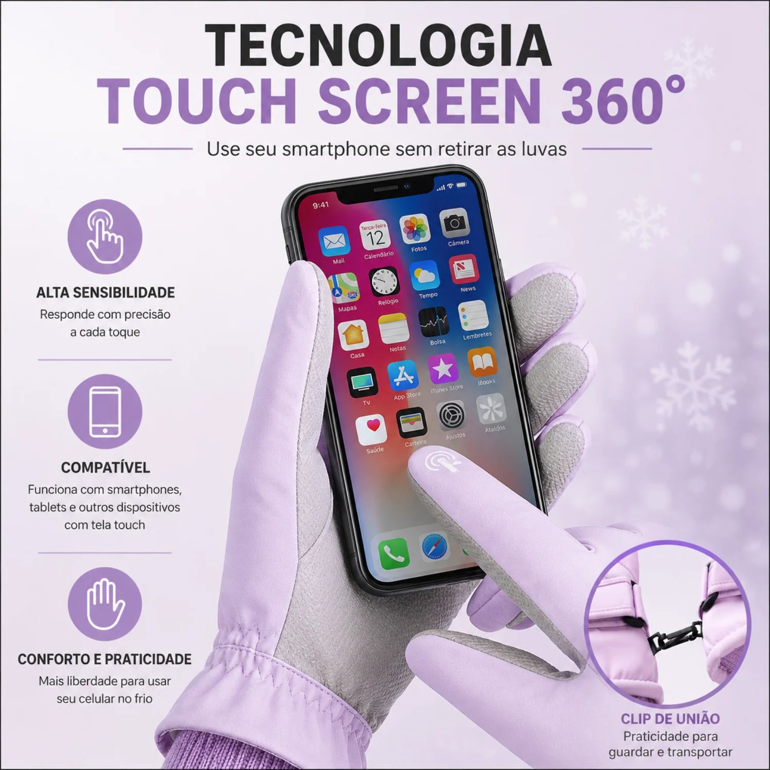 Acabamento do sensor touch screen na ponta dos dedos e punho elástico da luva térmica lilás