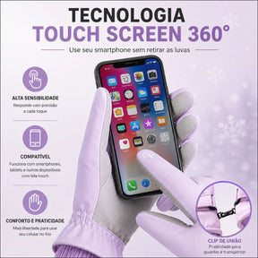 Acabamento do sensor touch screen na ponta dos dedos e punho elástico da luva térmica lilás