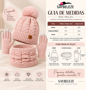 Tabela de medidas em cm do gorro gola cachecol e luvas térmicas femininas