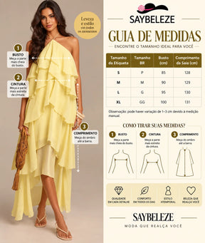 Tabela de medidas com busto e comprimento da saia em cm do vestido longo Aurora