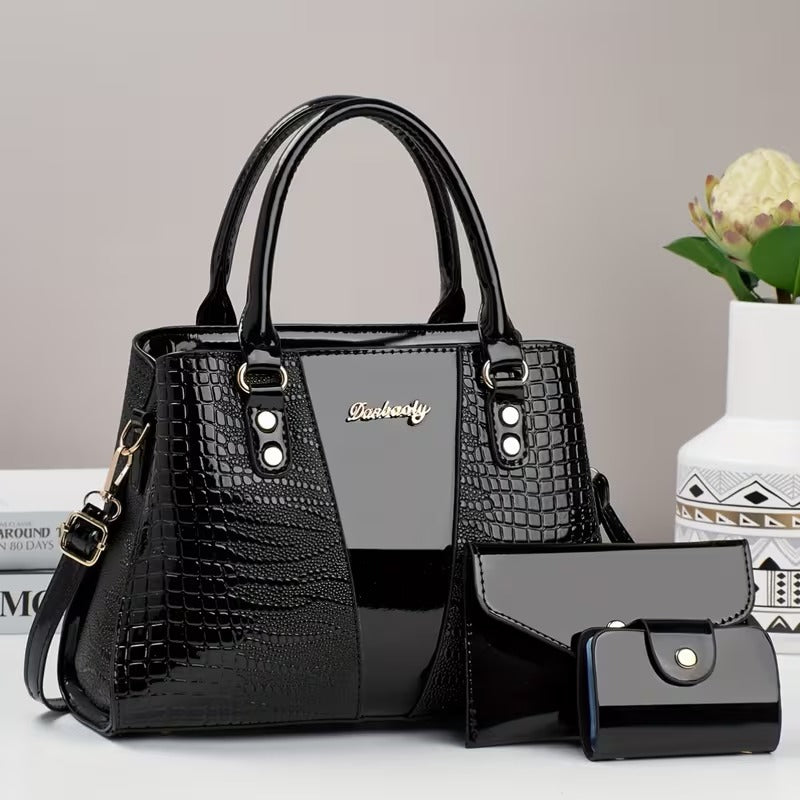 kit exclusive luxo milão 3 em 1 bolsa verniz croco preto
