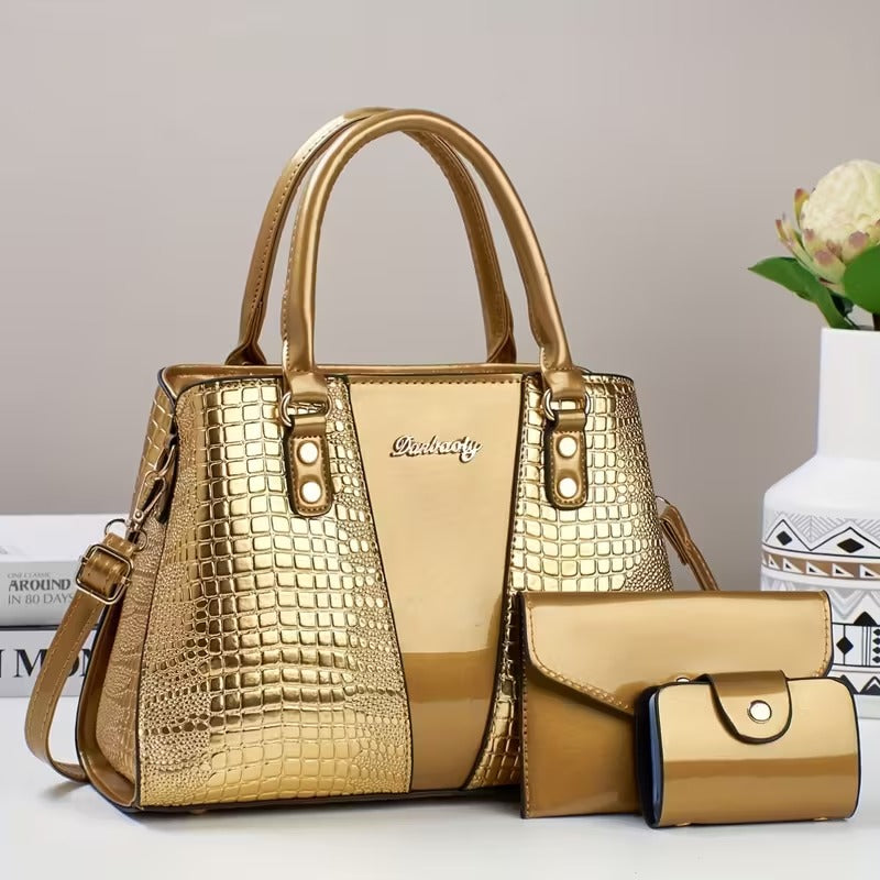 kit exclusive luxo milão 3 em 1 bolsa verniz croco ouro