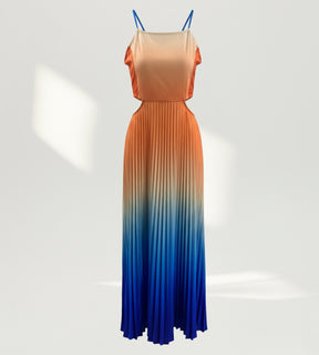 Composição de moda festa com vestido ombré laranja e azul exclusivo da marca Saybeleze.