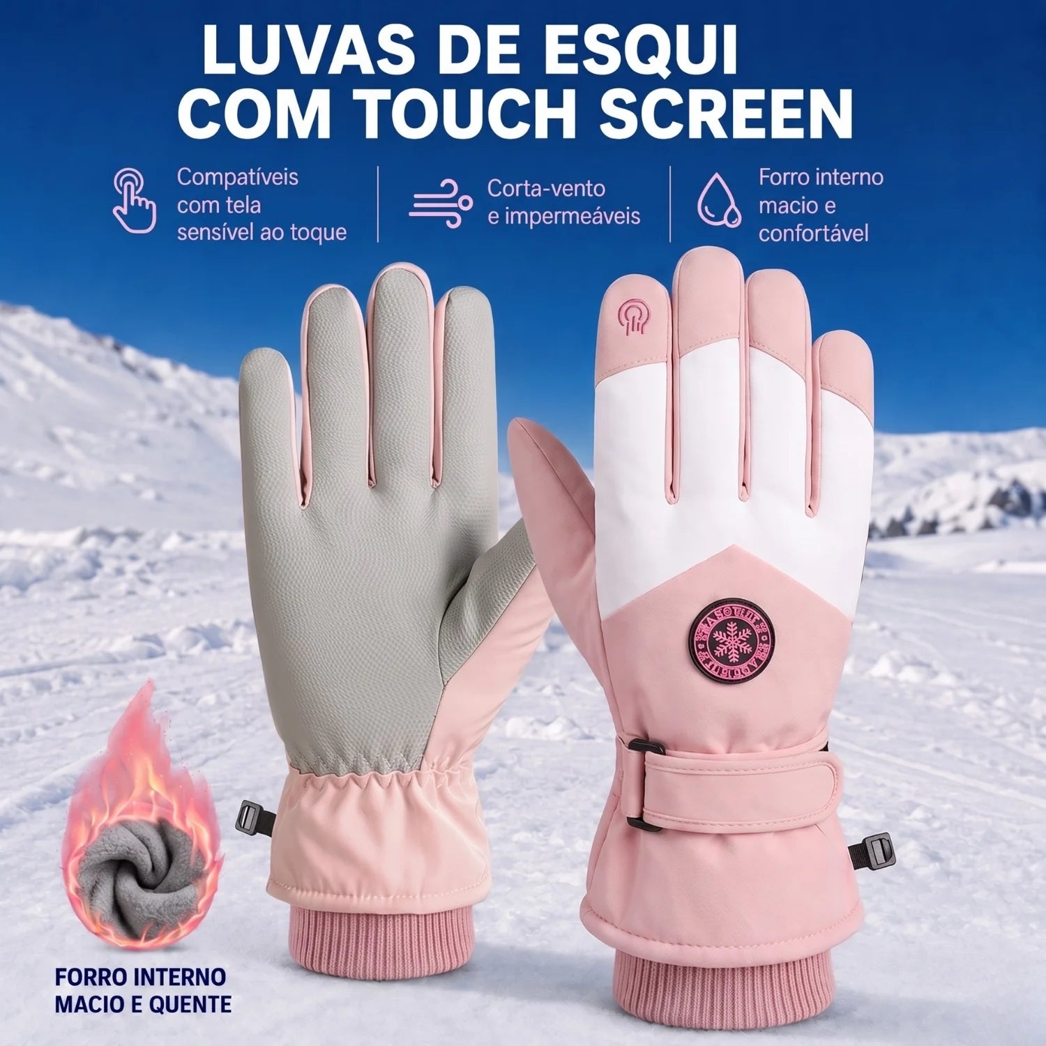 luva de frio feminina impermeável térmica rosa com touch screen em dia de inverno