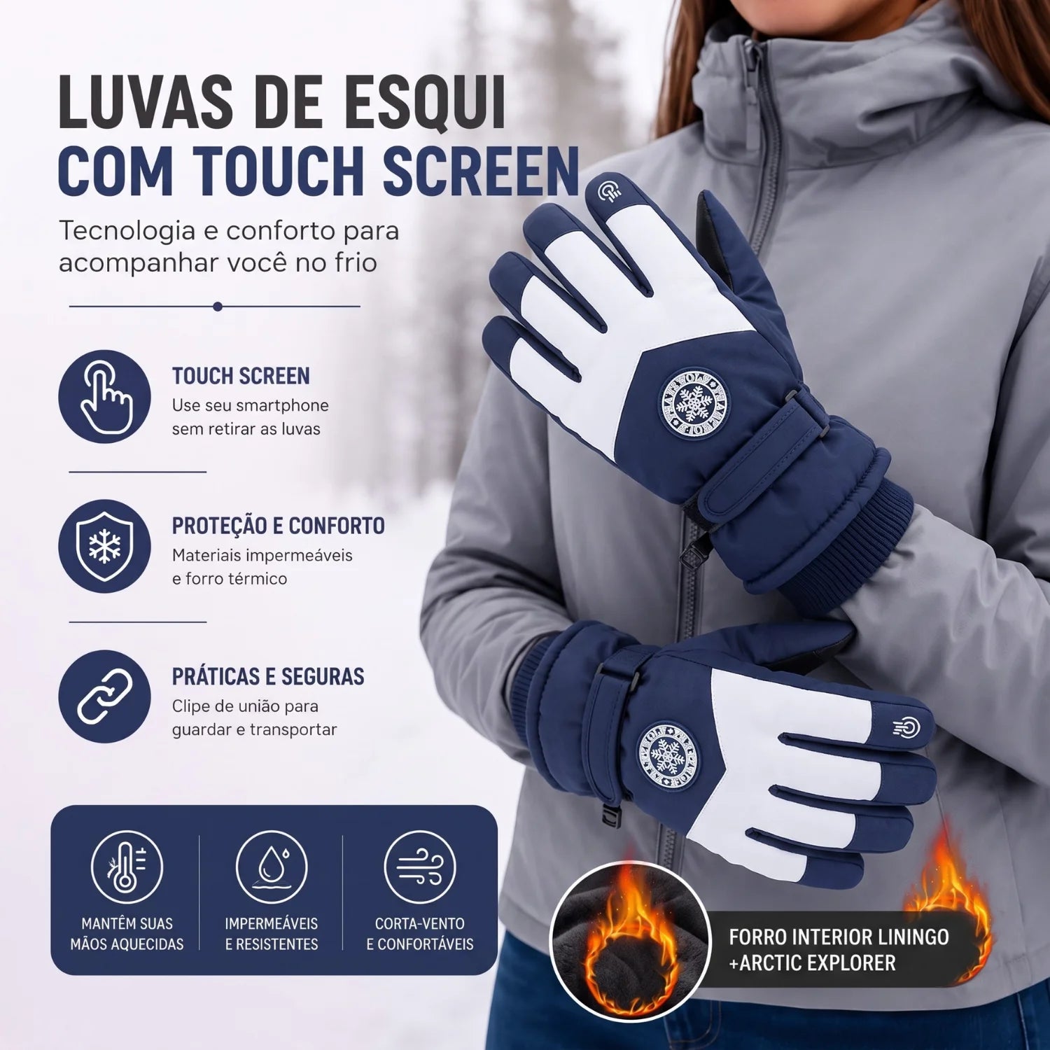 Luva de neve feminina azul marinho com clip de união e proteção térmica
