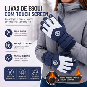 Luva de neve feminina azul marinho com clip de união e proteção térmica
